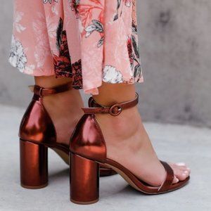 Lulu’s Metallic Copper Block Heel Shoes Open Toe Vegan Leather Women's 9 NWOT